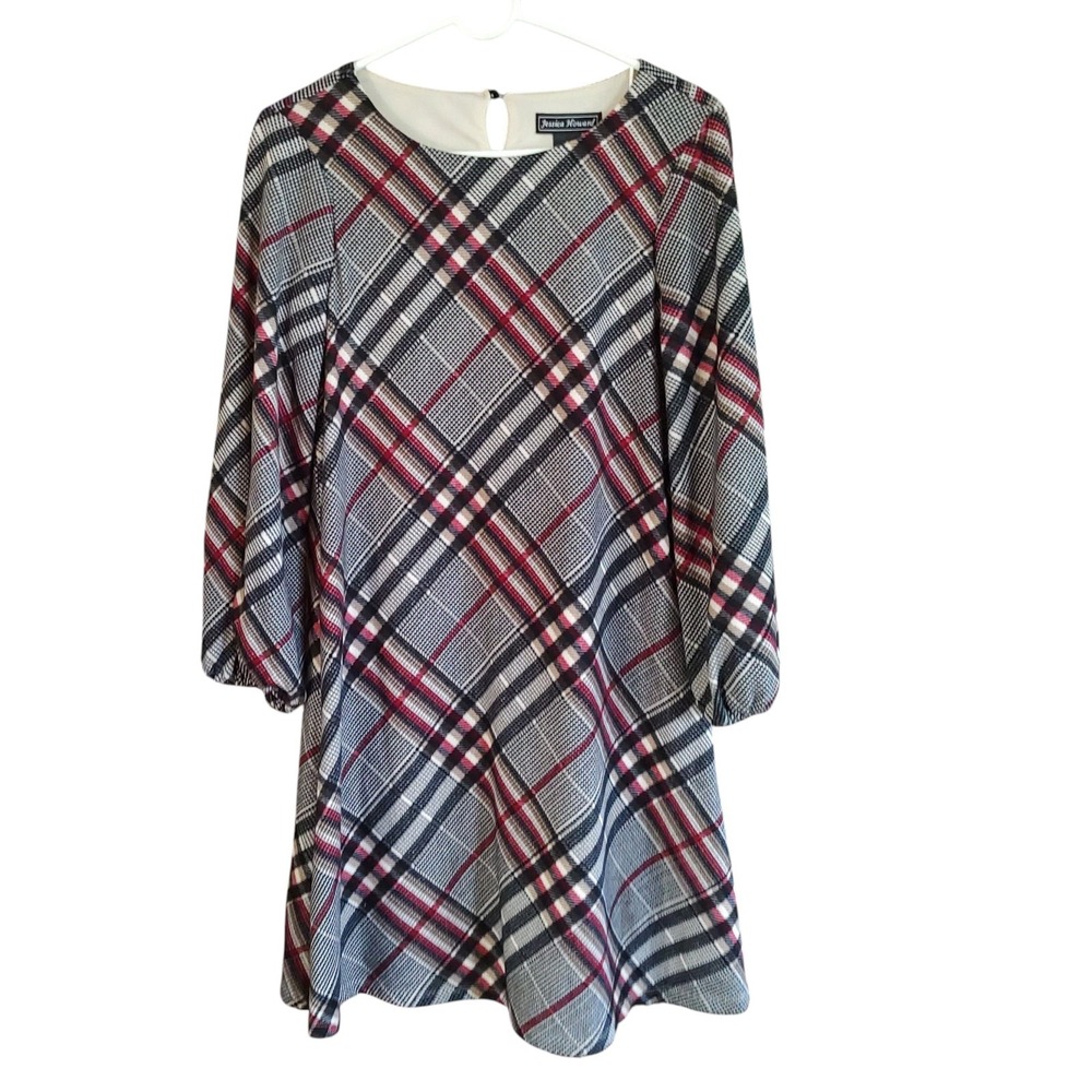 Jessica Howard Lined Dress Red Gray Plaid Soft A Line Long Sleeve Womens Small